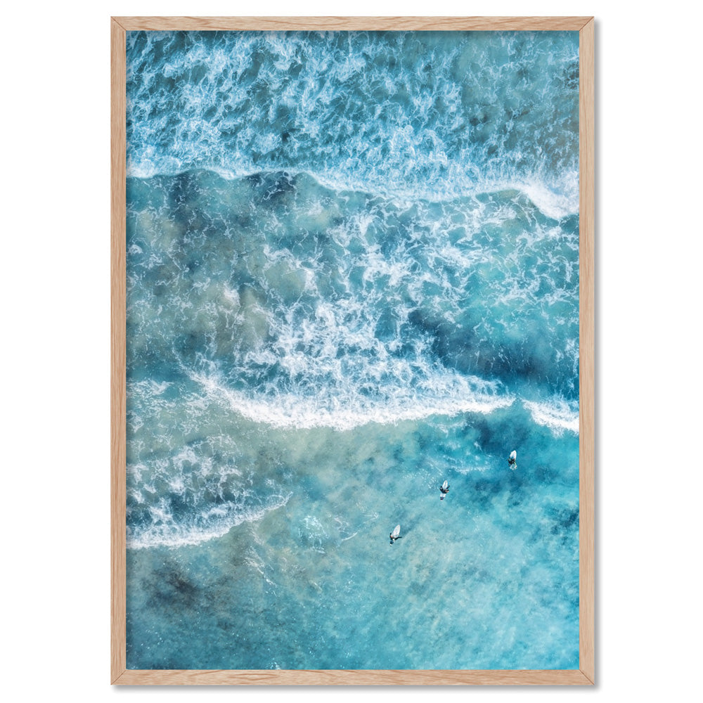 Aerial Ocean Waves & Tiny Surfers III - Art Print, Poster, Stretched Canvas, or Framed Wall Art Print, shown in a natural timber frame