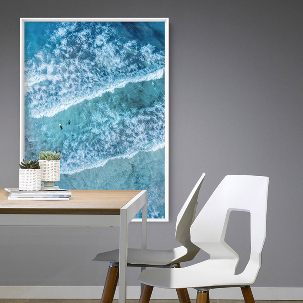Aerial Ocean Waves & Tiny Surfers III - Art Print, Poster, Stretched Canvas or Framed Wall Art, shown framed in a room