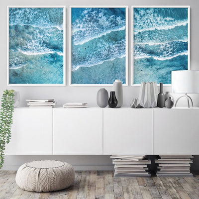 Aerial Ocean Waves & Tiny Surfers III - Art Print, Poster, Stretched Canvas or Framed Wall Art, shown framed in a home interior space
