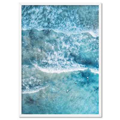 Aerial Ocean Waves & Tiny Surfers III - Art Print, Poster, Stretched Canvas, or Framed Wall Art Print, shown in a white frame