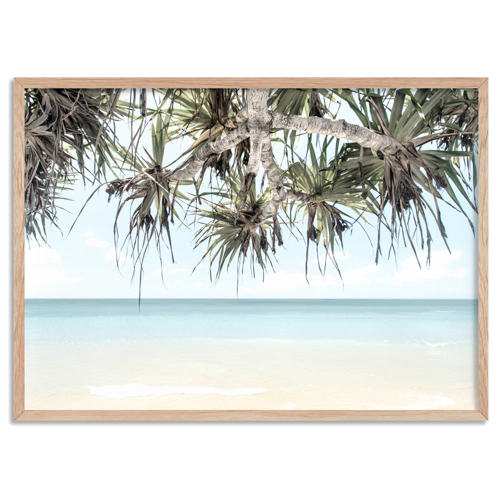 Wategos Beach Byron View - Art Print, Poster, Stretched Canvas, or Framed Wall Art Print, shown in a natural timber frame