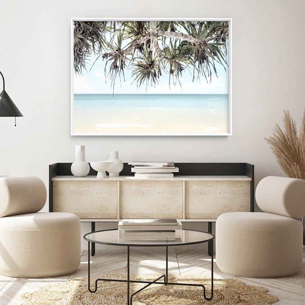 Wategos Beach Byron View - Art Print, Poster, Stretched Canvas or Framed Wall Art Prints, shown framed in a room