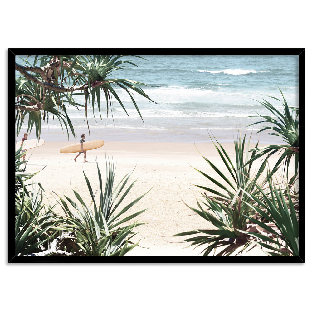 Wategos Beach Byron Surfer - Art Print, Poster, Stretched Canvas, or Framed Wall Art Print, shown in a black frame
