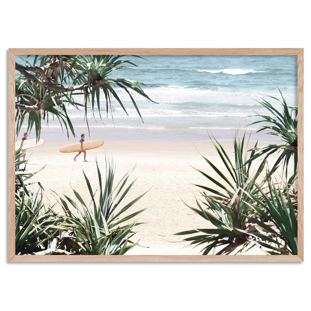 Wategos Beach Byron Surfer - Art Print, Poster, Stretched Canvas, or Framed Wall Art Print, shown in a natural timber frame