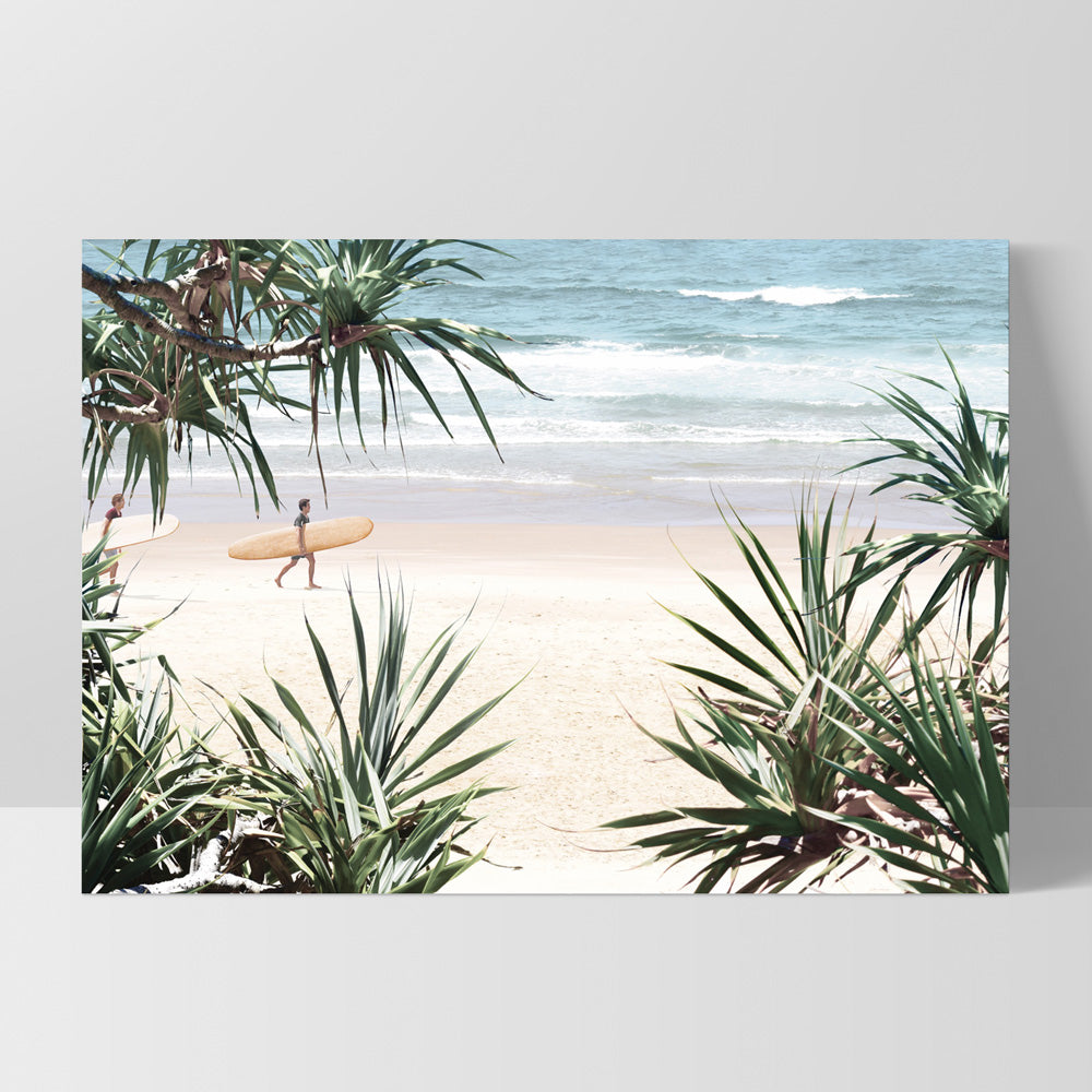 Wategos Beach Byron Surfer - Art Print, Poster, Stretched Canvas, or Framed Wall Art Print, shown as a stretched canvas or poster without a frame