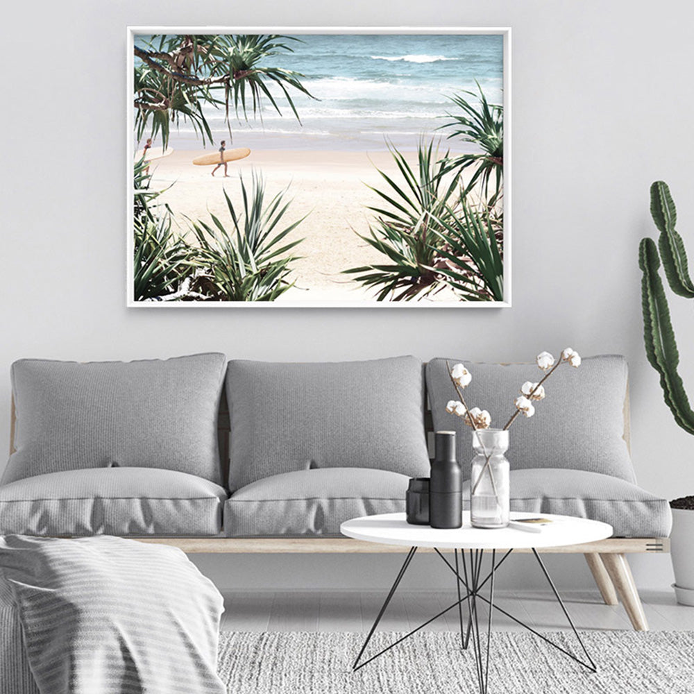 Wategos Beach Byron Surfer - Art Print, Poster, Stretched Canvas or Framed Wall Art, shown framed in a room