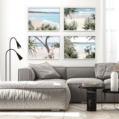 Wategos Beach Byron Surfer - Art Print, Poster, Stretched Canvas or Framed Wall Art, shown framed in a home interior space