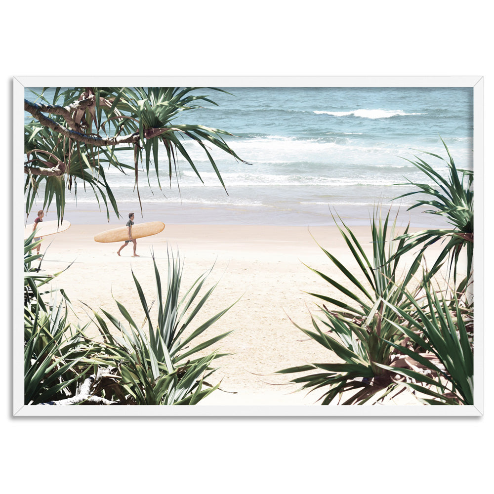 Wategos Beach Byron Surfer - Art Print, Poster, Stretched Canvas, or Framed Wall Art Print, shown in a white frame