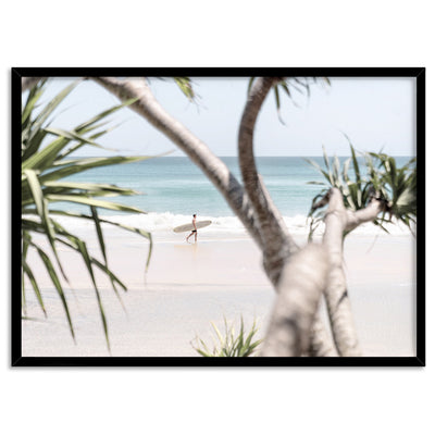 Wategos Beach Byron Surfer II - Art Print, Poster, Stretched Canvas, or Framed Wall Art Print, shown in a black frame