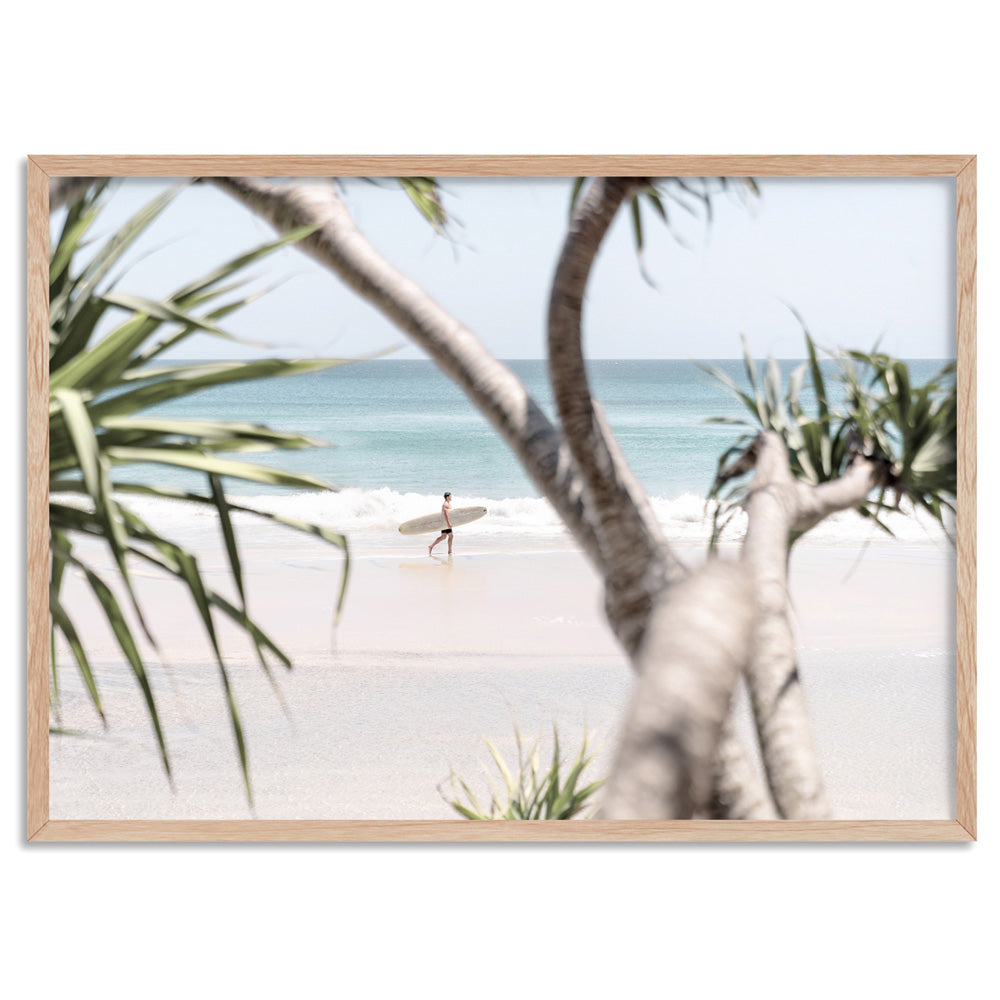 Wategos Beach Byron Surfer II - Art Print, Poster, Stretched Canvas, or Framed Wall Art Print, shown in a natural timber frame