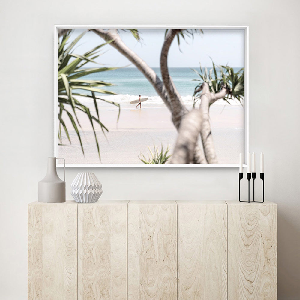 Wategos Beach Byron Surfer II - Art Print, Poster, Stretched Canvas or Framed Wall Art, shown framed in a room
