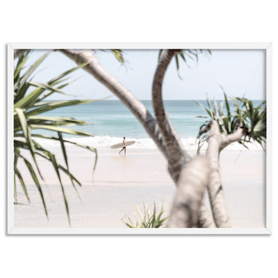 Wategos Beach Byron Surfer II - Art Print, Poster, Stretched Canvas, or Framed Wall Art Print, shown in a white frame