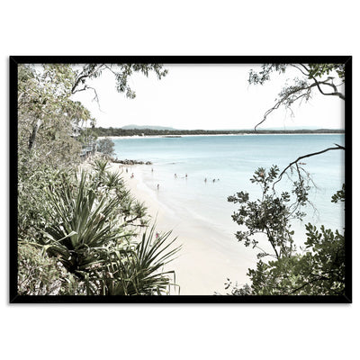 Noosa Coastal Beach View - Art Print, Poster, Stretched Canvas, or Framed Wall Art Print, shown in a black frame