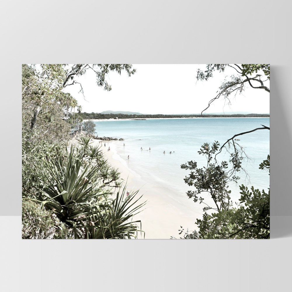 Noosa Coastal Beach View - Art Print, Poster, Stretched Canvas, or Framed Wall Art Print, shown as a stretched canvas or poster without a frame