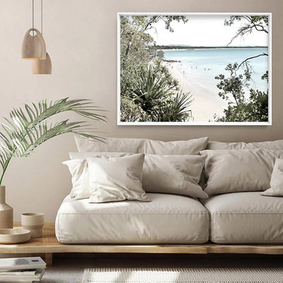 Noosa Coastal Beach View - Art Print, Poster, Stretched Canvas or Framed Wall Art, shown framed in a room