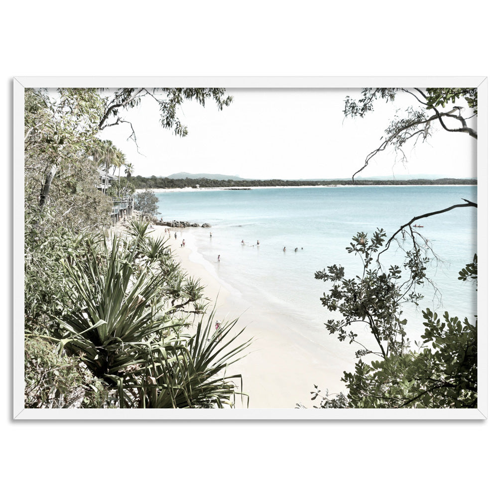 Noosa Coastal Beach View - Art Print, Poster, Stretched Canvas, or Framed Wall Art Print, shown in a white frame