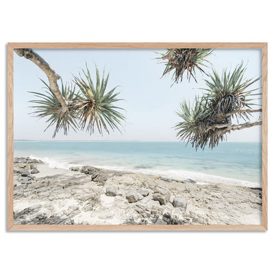 Noosa Coastal Beach View II - Art Print, Poster, Stretched Canvas, or Framed Wall Art Print, shown in a natural timber frame