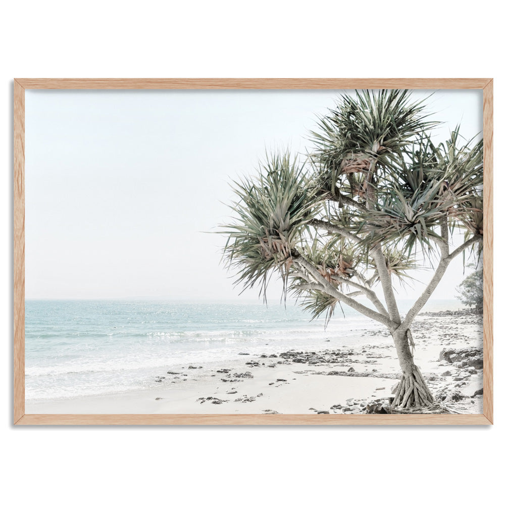 Noosa Coastal Beach View III - Art Print, Poster, Stretched Canvas, or Framed Wall Art Print, shown in a natural timber frame