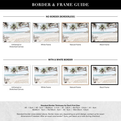 Sunshine Coast Beach - Art Print, Poster, Stretched Canvas or Framed Wall Art, Showing White , Black, Natural Frame Colours, No Frame (Unframed) or Stretched Canvas, and With or Without White Borders