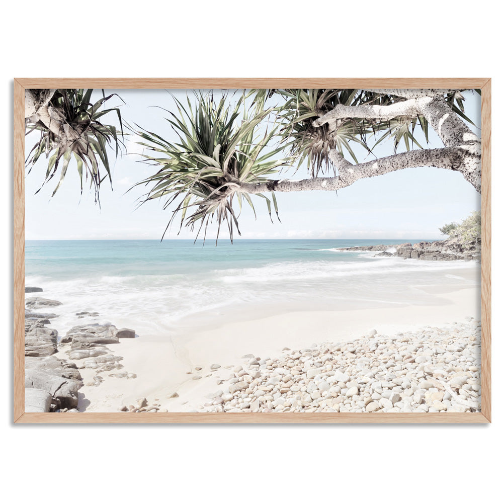 Sunshine Coast Beach - Art Print, Poster, Stretched Canvas, or Framed Wall Art Print, shown in a natural timber frame
