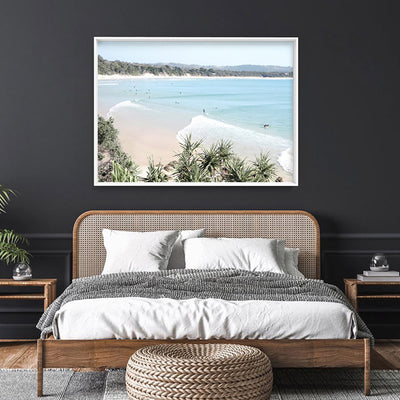 The Pass Byron Bay Surfers - Art Print, Poster, Stretched Canvas or Framed Wall Art, shown framed in a room