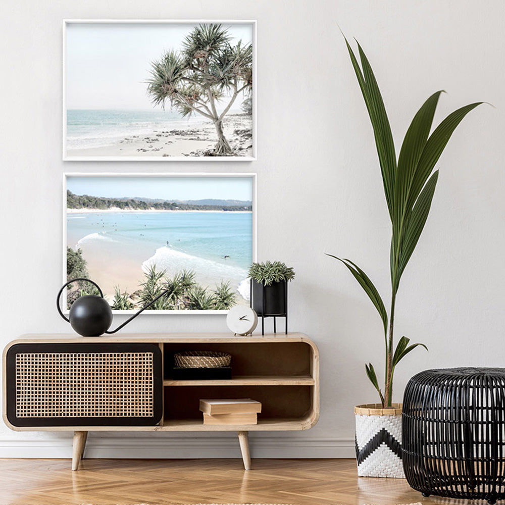 The Pass Byron Bay Surfers - Art Print, Poster, Stretched Canvas or Framed Wall Art, shown framed in a home interior space