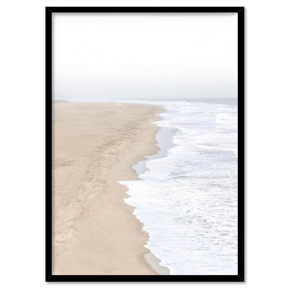 Sandy Beach & Ocean Waves in Pastels - Art Print, Poster, Stretched Canvas, or Framed Wall Art Print, shown in a black frame