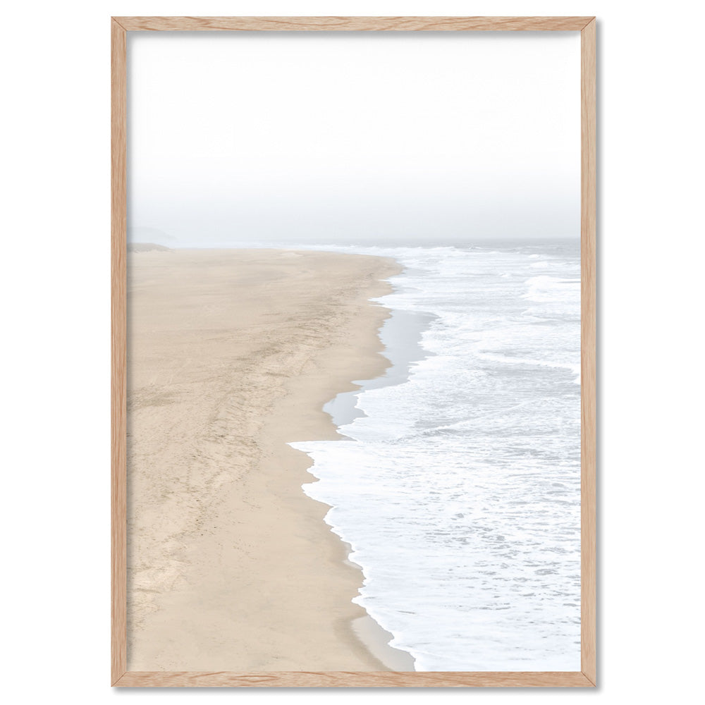 Sandy Beach & Ocean Waves in Pastels - Art Print, Poster, Stretched Canvas, or Framed Wall Art Print, shown in a natural timber frame
