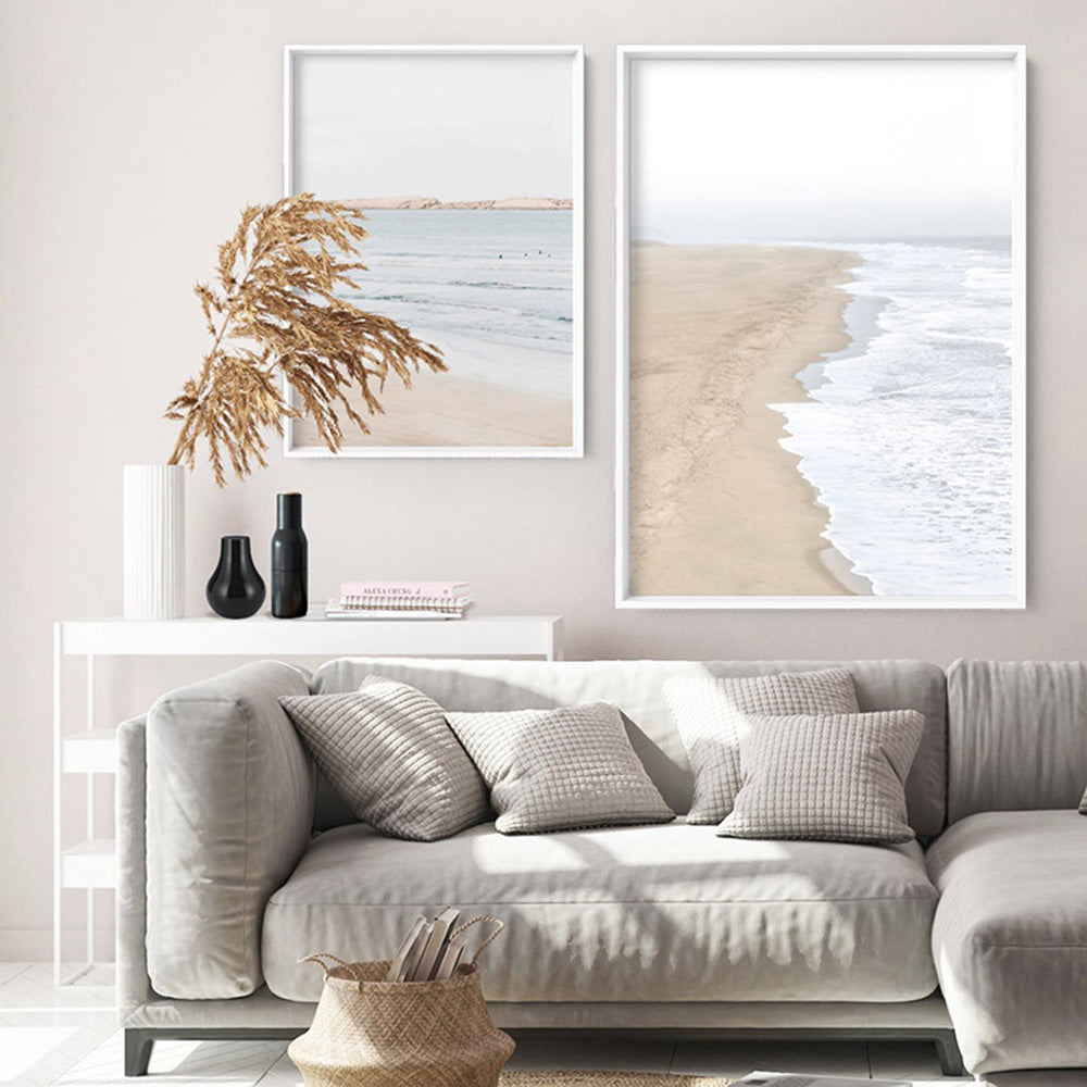 Sandy Beach & Ocean Waves in Pastels - Art Print, Poster, Stretched Canvas or Framed Wall Art, shown framed in a home interior space