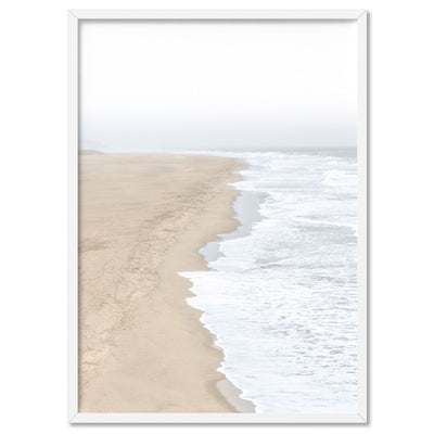 Sandy Beach & Ocean Waves in Pastels - Art Print, Poster, Stretched Canvas, or Framed Wall Art Print, shown in a white frame