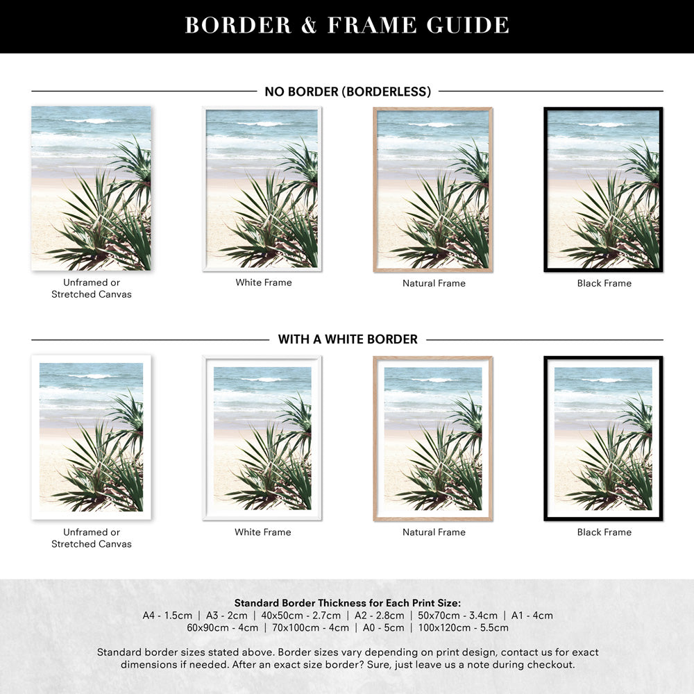 Byron Wategos Beach Palm View - Art Print, Poster, Stretched Canvas or Framed Wall Art, Showing White , Black, Natural Frame Colours, No Frame (Unframed) or Stretched Canvas, and With or Without White Borders