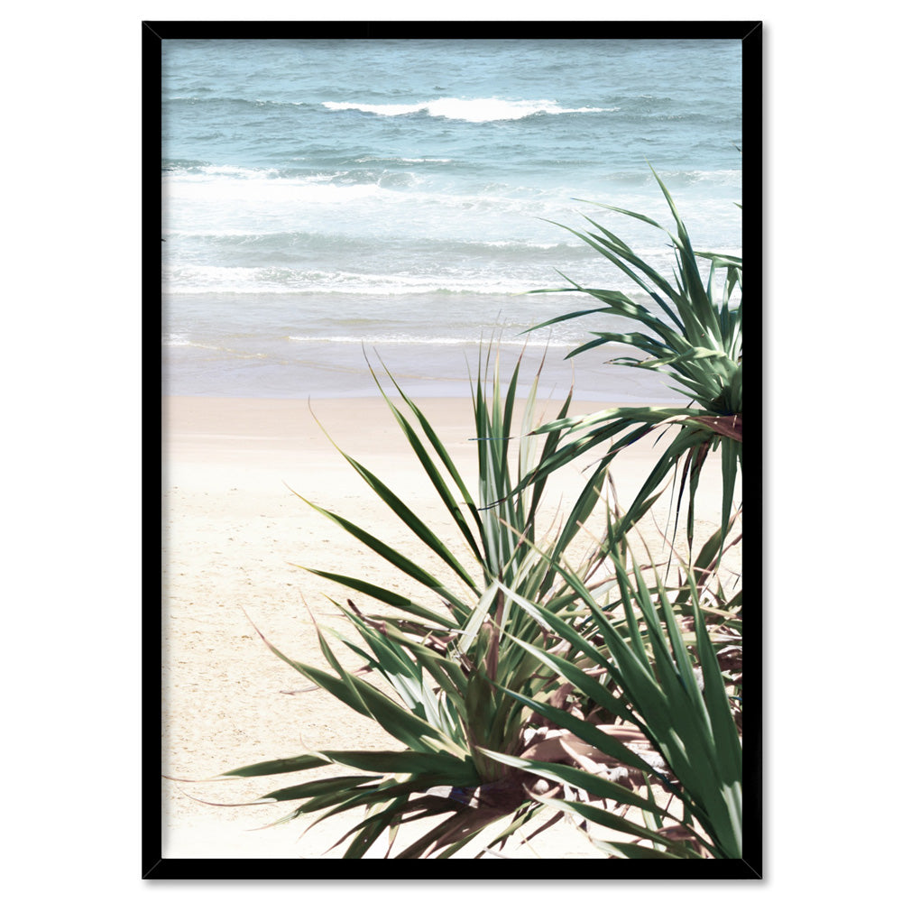 Byron Wategos Beach Palm View - Art Print, Poster, Stretched Canvas, or Framed Wall Art Print, shown in a black frame