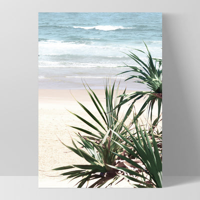 Byron Wategos Beach Palm View - Art Print, Poster, Stretched Canvas, or Framed Wall Art Print, shown as a stretched canvas or poster without a frame