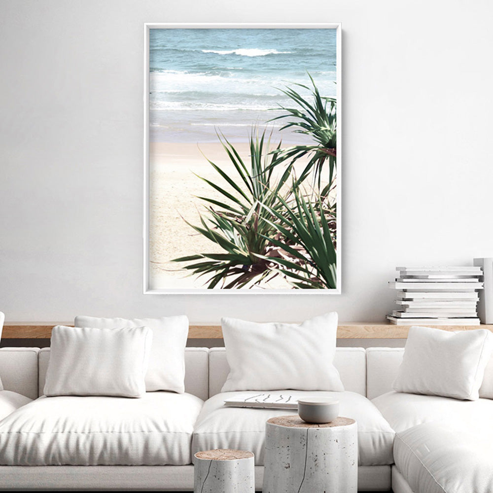 Byron Wategos Beach Palm View - Art Print, Poster, Stretched Canvas or Framed Wall Art, shown framed in a room