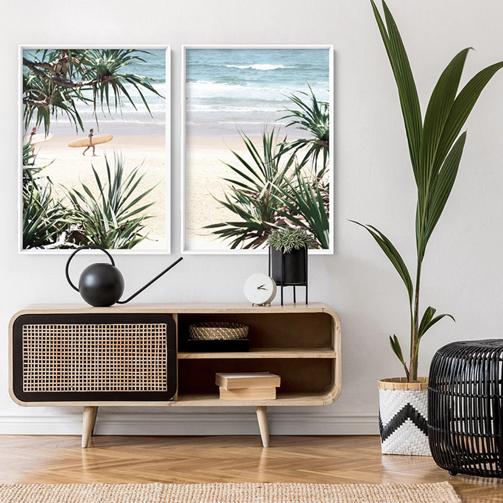 Byron Wategos Beach Palm View - Art Print, Poster, Stretched Canvas or Framed Wall Art, shown framed in a home interior space