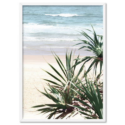 Byron Wategos Beach Palm View - Art Print, Poster, Stretched Canvas, or Framed Wall Art Print, shown in a white frame