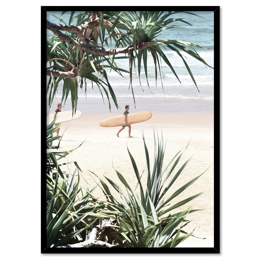 Byron Wategos Beach Palm View II - Art Print, Poster, Stretched Canvas, or Framed Wall Art Print, shown in a black frame