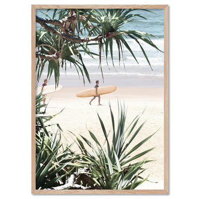 Byron Wategos Beach Palm View II - Art Print, Poster, Stretched Canvas, or Framed Wall Art Print, shown in a natural timber frame