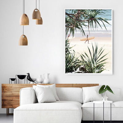 Byron Wategos Beach Palm View II - Art Print, Poster, Stretched Canvas or Framed Wall Art Prints, shown framed in a room