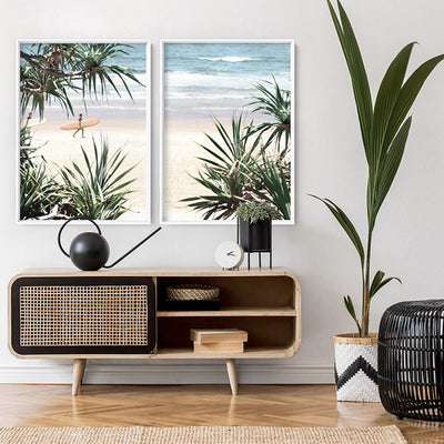 Byron Wategos Beach Palm View II - Art Print, Poster, Stretched Canvas or Framed Wall Art, shown framed in a home interior space