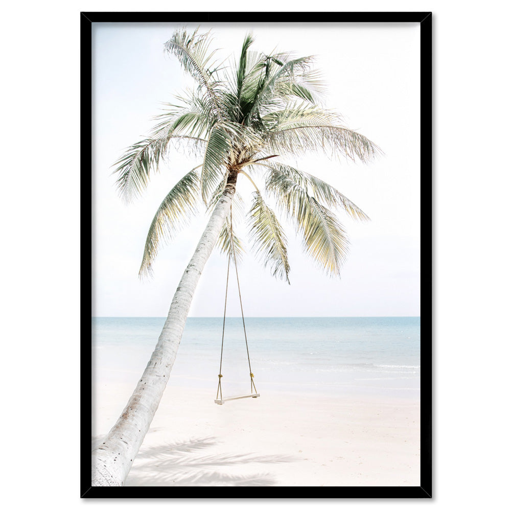 Coastal Palm beach Swing - Art Print, Poster, Stretched Canvas, or Framed Wall Art Print, shown in a black frame