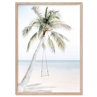 Coastal Palm beach Swing - Art Print, Poster, Stretched Canvas, or Framed Wall Art Print, shown in a natural timber frame