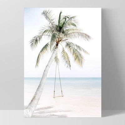 Coastal Palm beach Swing - Art Print, Poster, Stretched Canvas, or Framed Wall Art Print, shown as a stretched canvas or poster without a frame