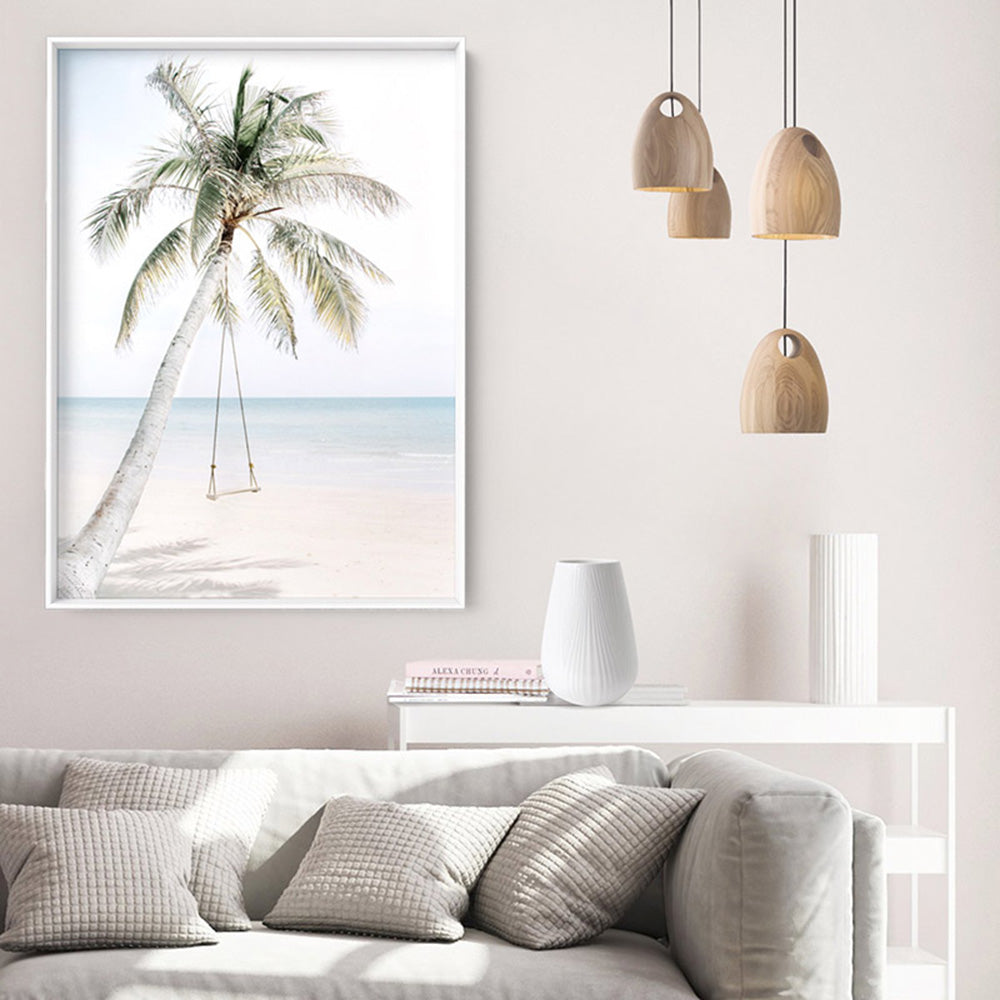 Coastal Palm beach Swing - Art Print, Poster, Stretched Canvas or Framed Wall Art, shown framed in a room