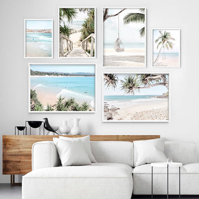 Coastal Palm beach Swing - Art Print, Poster, Stretched Canvas or Framed Wall Art, shown framed in a home interior space