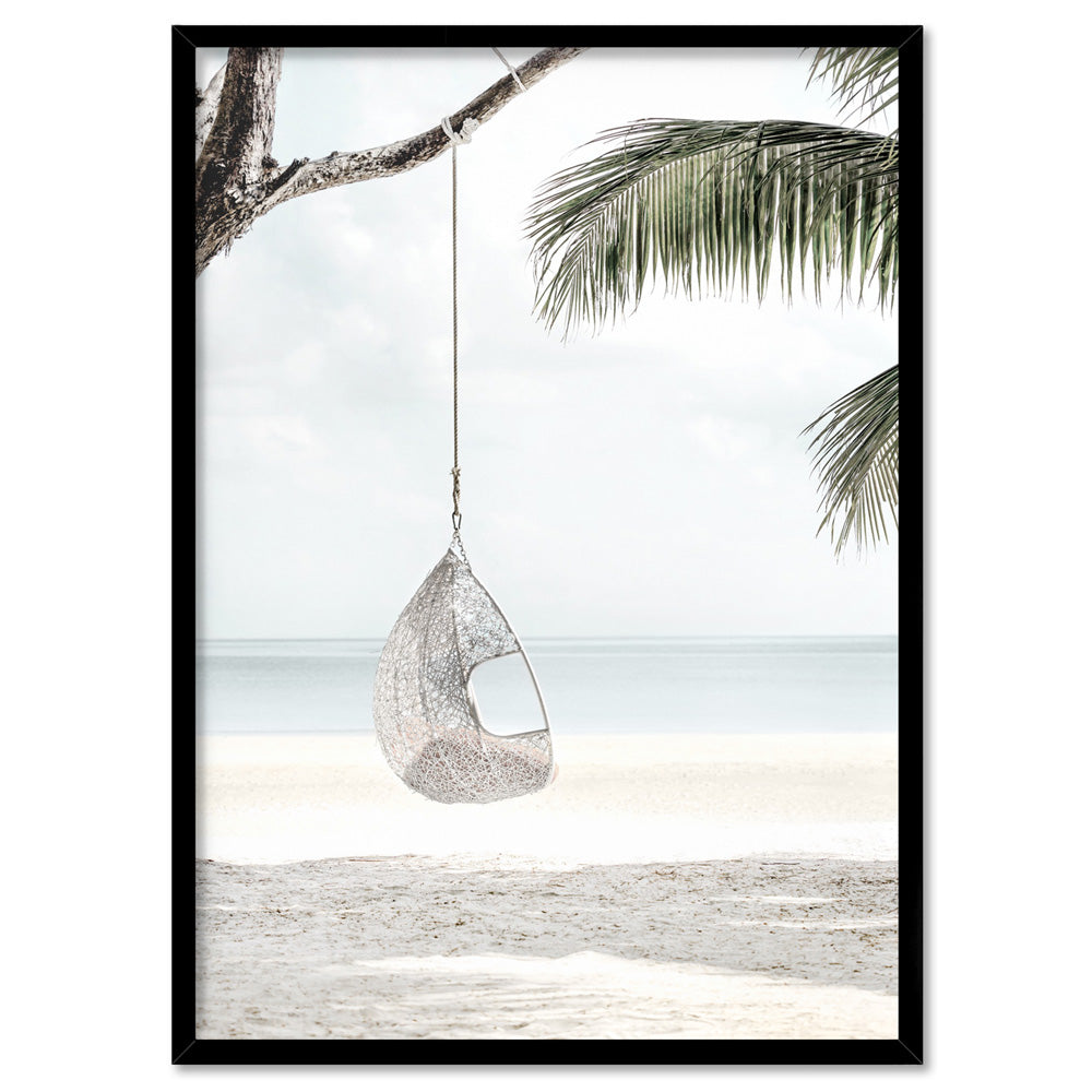 Coastal Palm beach Swing II - Art Print, Poster, Stretched Canvas, or Framed Wall Art Print, shown in a black frame