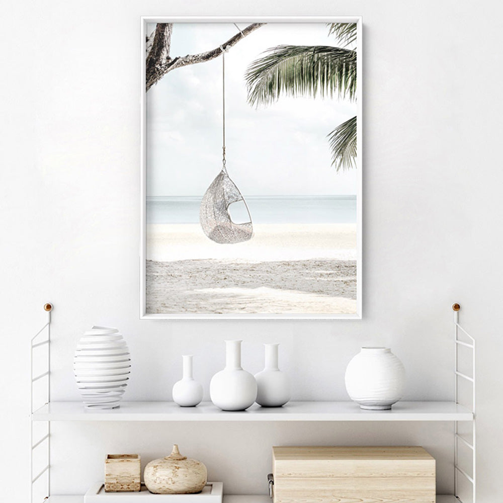 Coastal Palm beach Swing II - Art Print, Poster, Stretched Canvas or Framed Wall Art, shown framed in a room