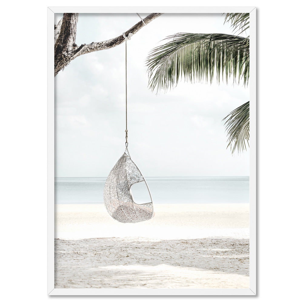 Coastal Palm beach Swing II - Art Print, Poster, Stretched Canvas, or Framed Wall Art Print, shown in a white frame
