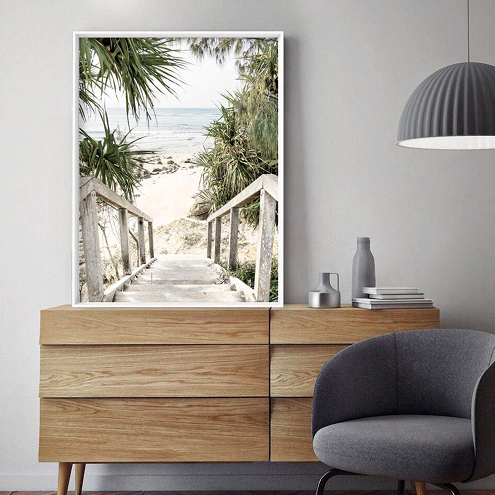 Wategos Beach Entrance Byron - Art Print, Poster, Stretched Canvas or Framed Wall Art, shown framed in a room
