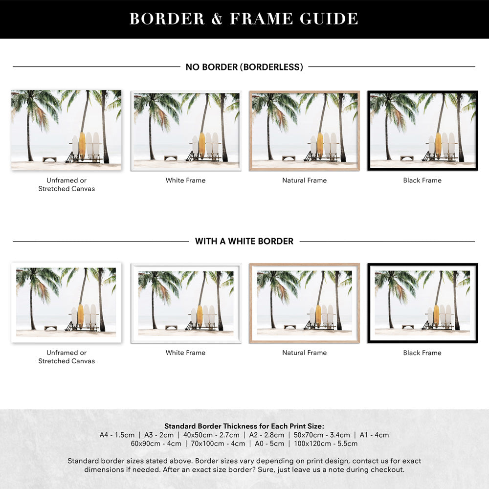 Hawaii Surfboards & Palms - Art Print, Poster, Stretched Canvas or Framed Wall Art, Showing White , Black, Natural Frame Colours, No Frame (Unframed) or Stretched Canvas, and With or Without White Borders